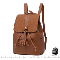 Sac à dos femme vintage avec rabat et pompon - modèle Marron - Sac Roche ™