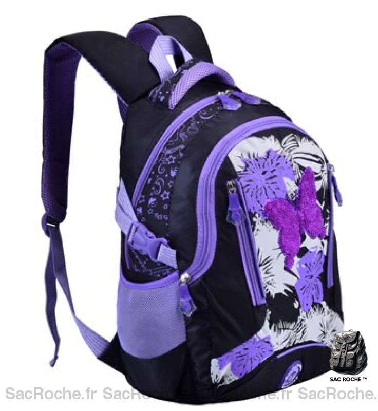 Sac à dos fille coloré motif papillon violet et noir avec un fond blanc