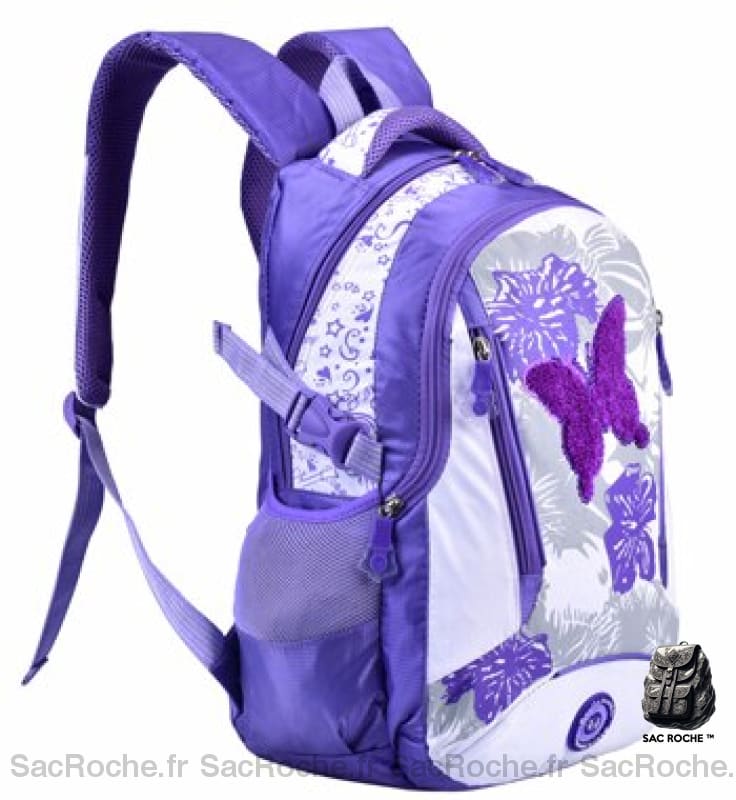 Sac à dos fille coloré motif papillon violet avec un fond blanc