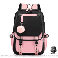 Sac à Dos Fille Scolaire - Noir/Rose - 1 Compartiment - modèle Noir et rose - Sac Roche ™