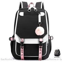 Sac à Dos Fille Scolaire - Noir/Rose - 1 Compartiment - Sac Roche ™