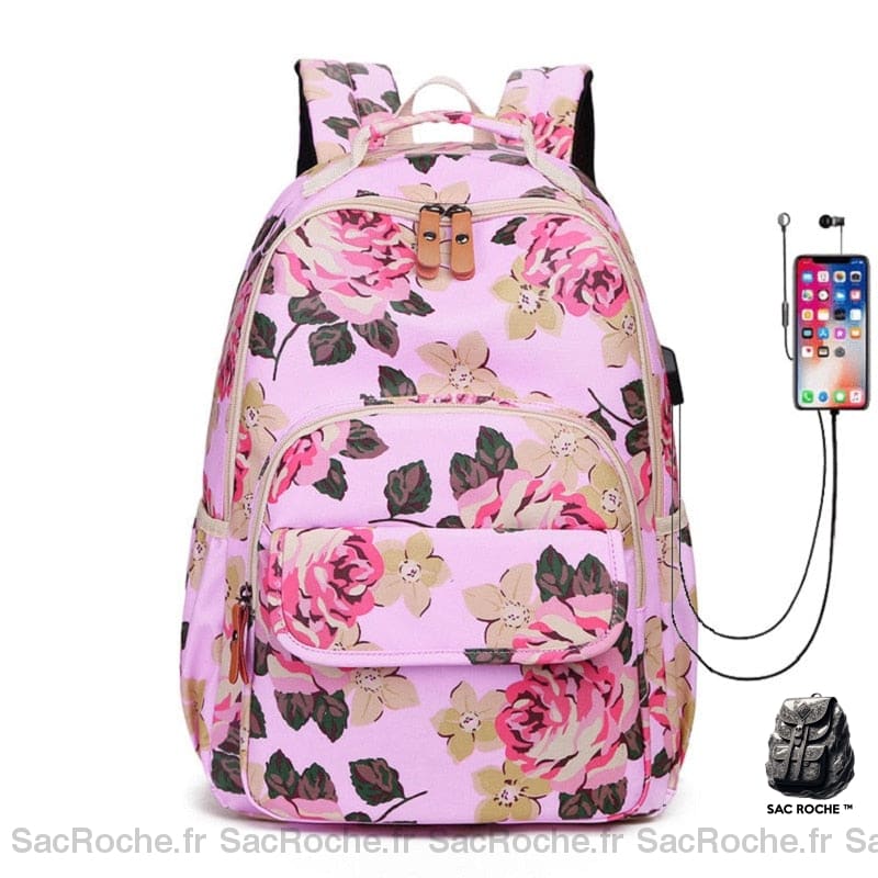 Sac à dos cartable fleuri rose avec un fond blanc et une image d'un portable qui charge