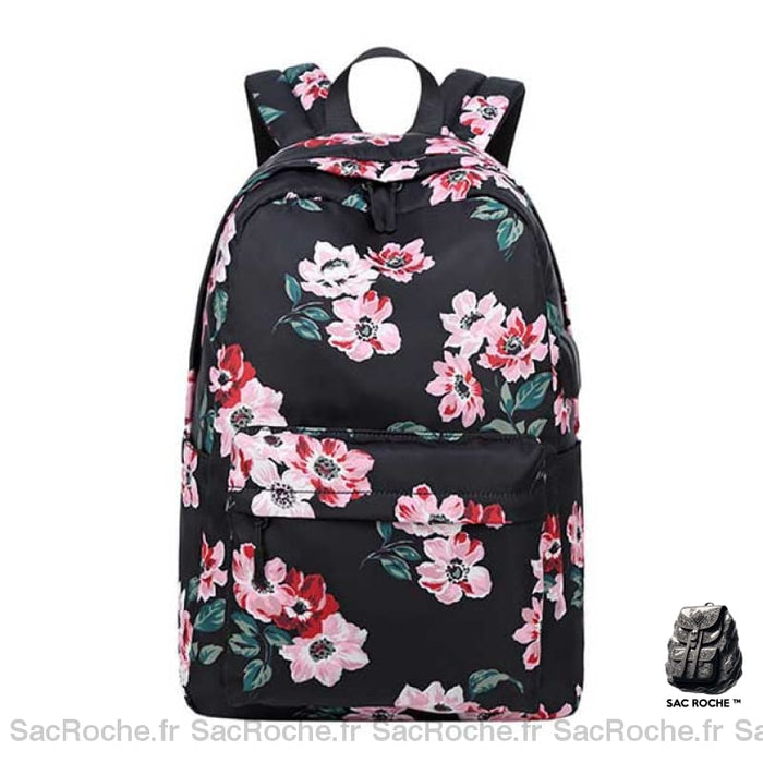 Sac À Dos Fleurs Avec Port Usb Noir Sacs Scolaire