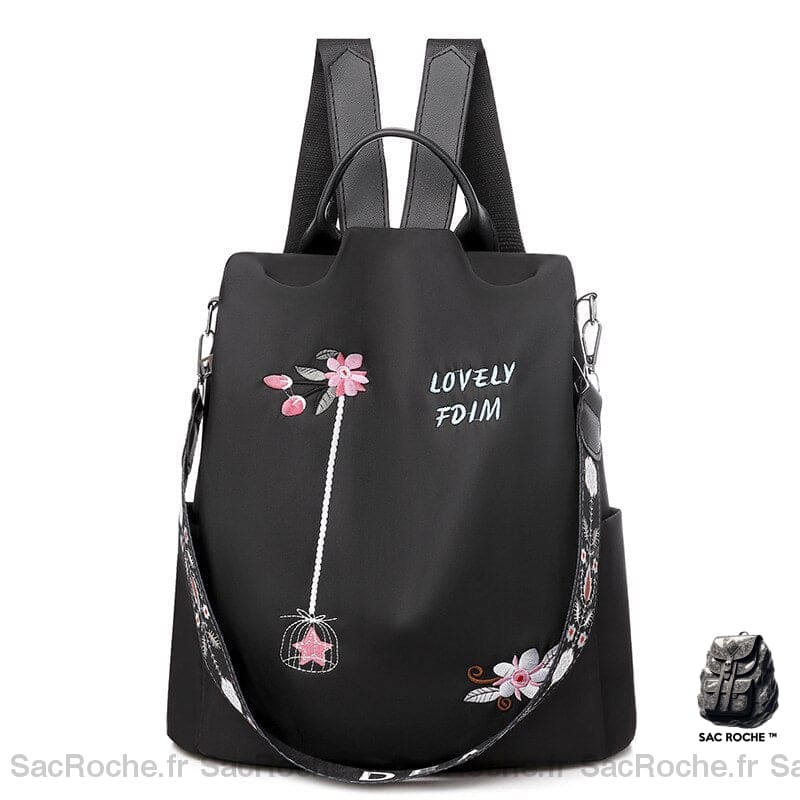 Sac à dos brodé fleurs pour femme noir avec un fond blanc