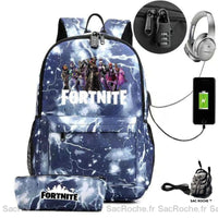 Sac à dos Fortnite avec trousse et chargeur USB - modèle Bleu - Sac Roche ™