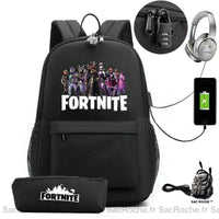 Sac à dos Fortnite avec trousse et chargeur USB - modèle Noir - Sac Roche ™