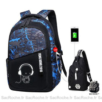 Sac à dos graffiti USB garçon - modèle Bleu - Sac Roche ™