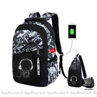 Sac à dos motif graffiti avec port USB pour garçon en noir