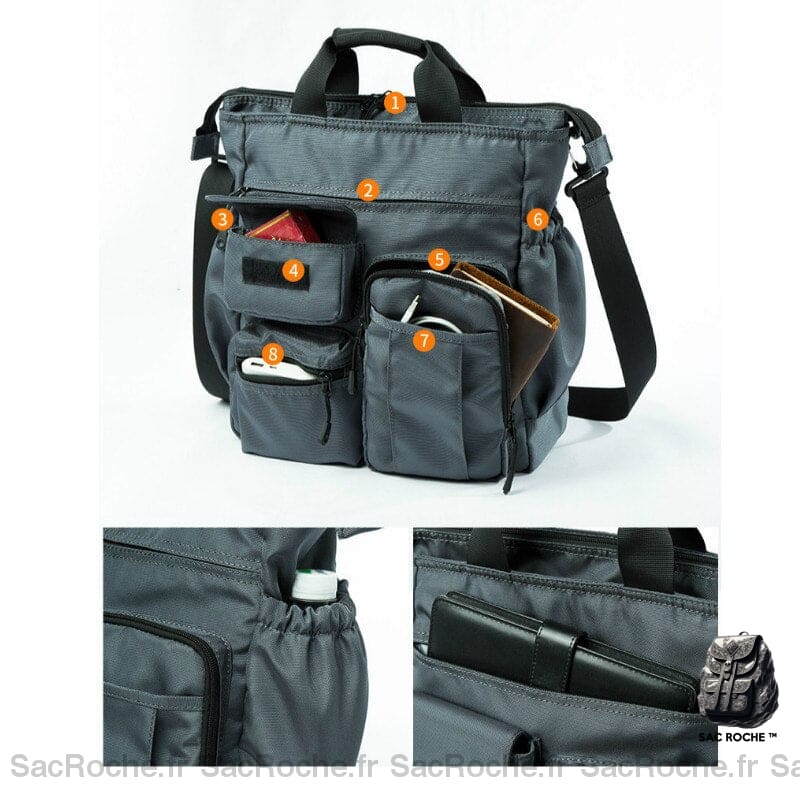 Sac À Dos Gris Multi-Poche Vintage Homme