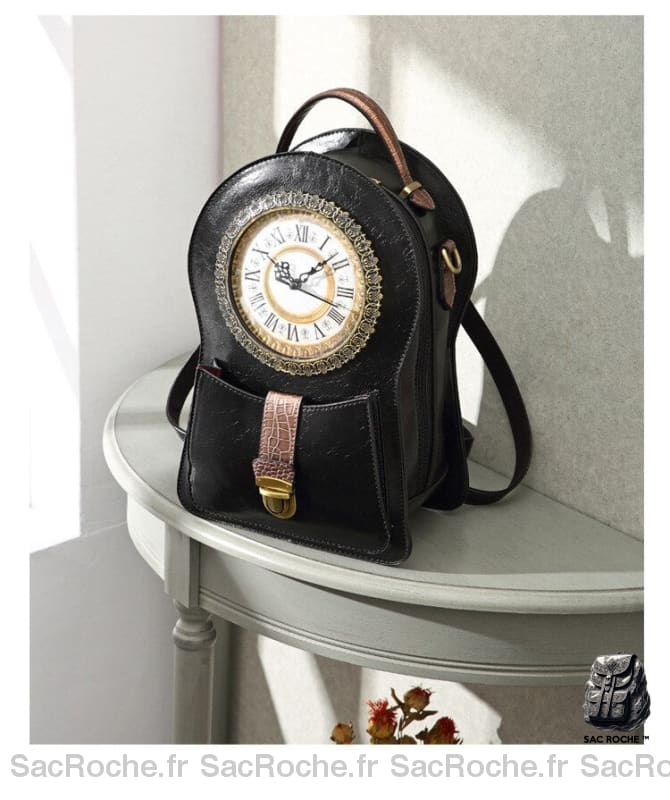 Sac à dos vintage horloge noir et marron avec un fond, une étagère grise