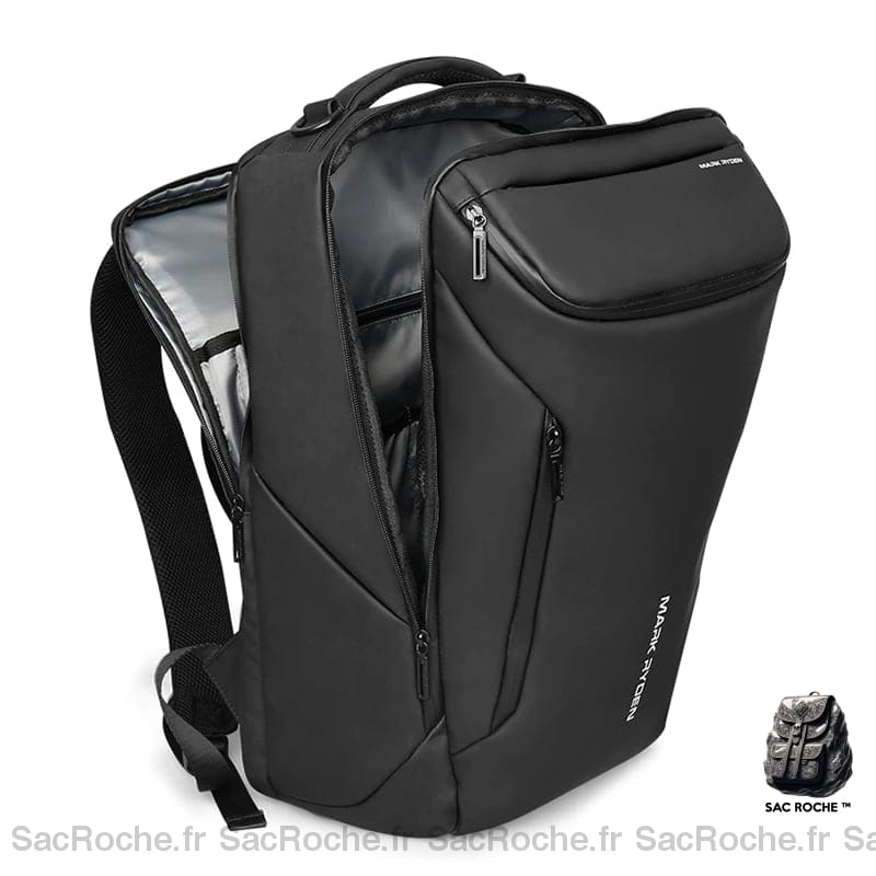 Un sac a dos noir de protection d'ordinateur posé au sol sur un fond blanc. Il a des poches sur les côtés et deux bandoulières noires sur sa face arrière. Il est d'un style moderne.