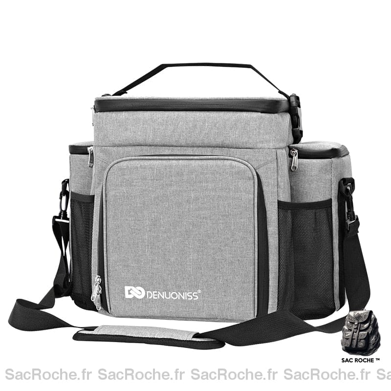 Sac à dos isotherme moderne et compact gris et noir avec un fond blanc