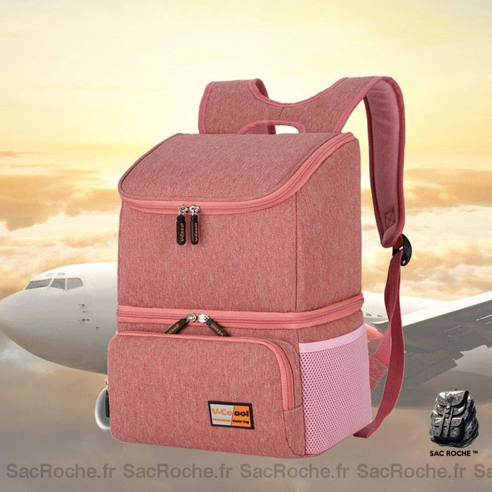Sac à dos isotherme deux compartiments rose avec un fond un avion et des nuages