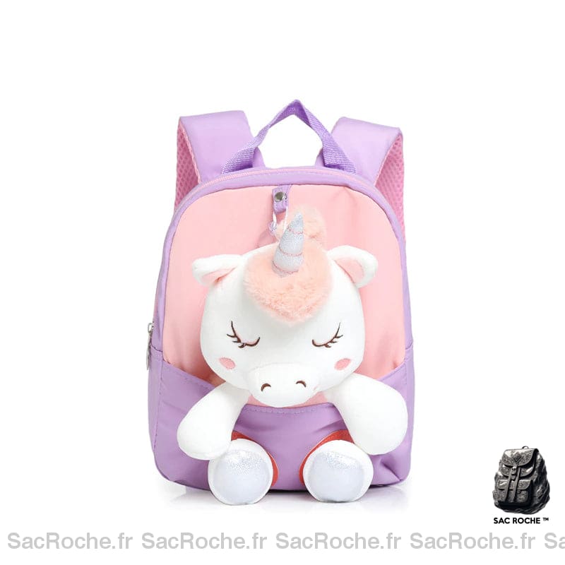 Sac à dos mignon de licorne endormie pour petites filles violet et rose avec un fond blanc