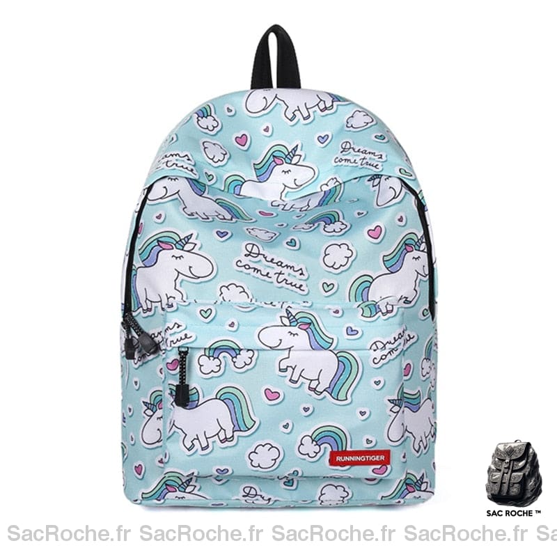 Sac à dos licorne et arc-en-ciel bleu avec un fond blanc