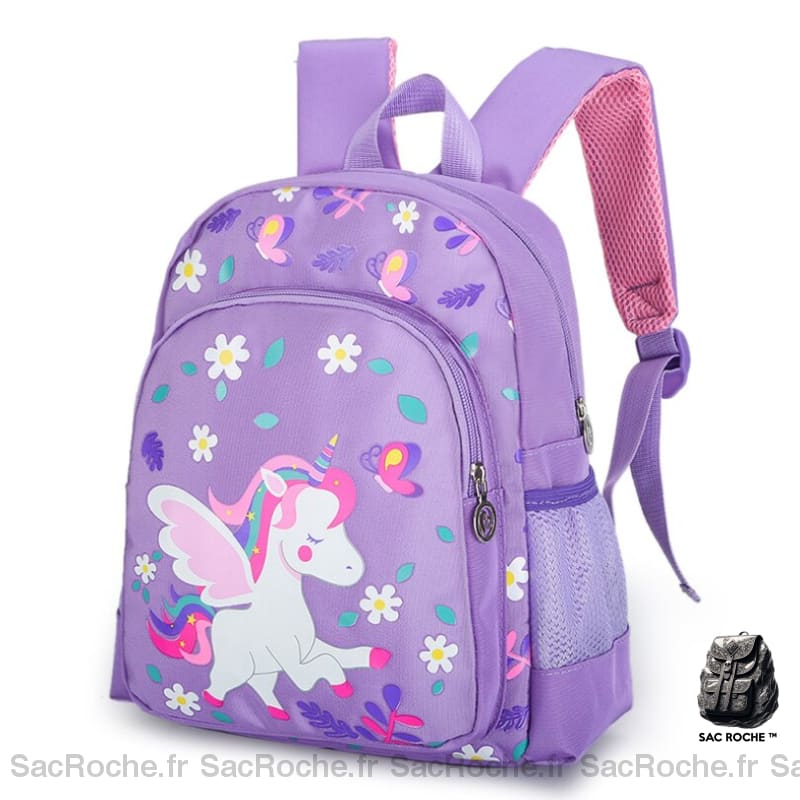 Sac à dos licorne avec fleurs violet avec un fond blanc