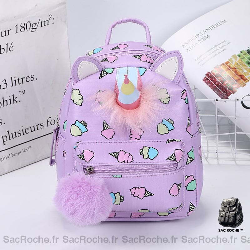 Mini sac à dos licorne motif glace au cornet violet avec oreilles