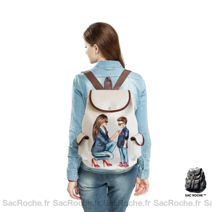 Sac à dos en lin à motif dessin mère et fils avec poches latérales
