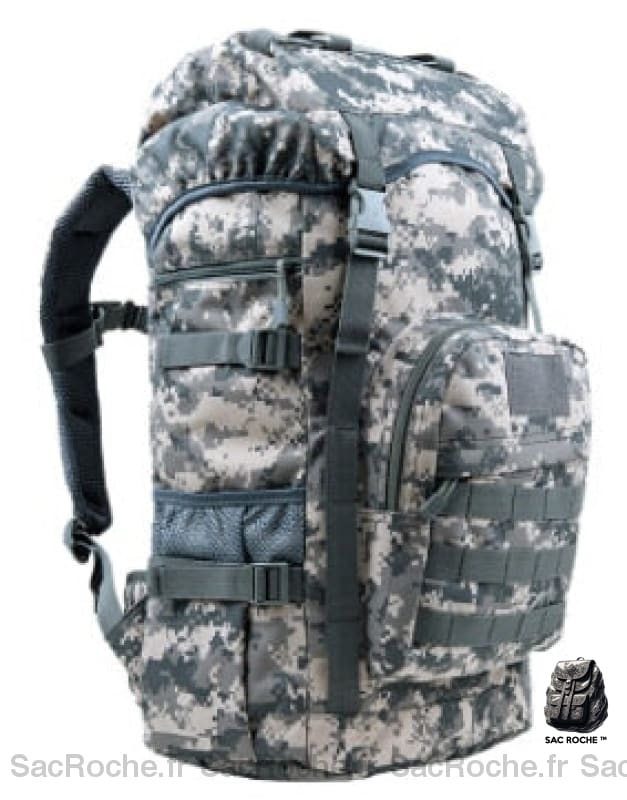 Sac à dos militaire de grande capacité de 50l gris avec un fond blanc