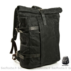 Sac À Dos Moto Toile Vintage Roll Top Noir Dos En