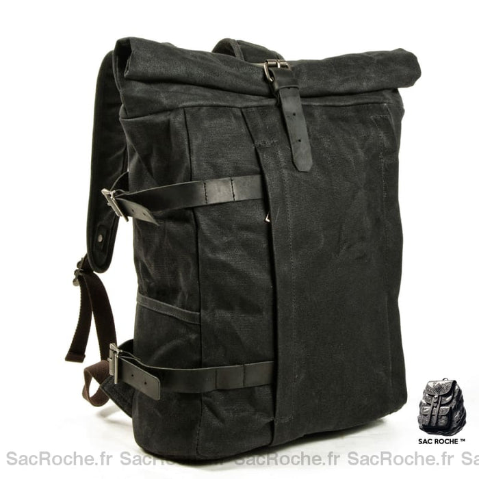 Sac À Dos Moto Toile Vintage Roll Top Noir Dos En