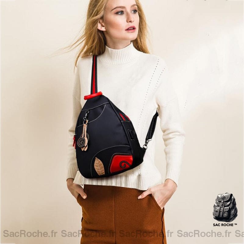 Sac À Dos Noir Et Rouge Rétro Nylon Femme