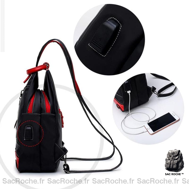 Sac À Dos Noir Et Rouge Rétro Nylon Femme