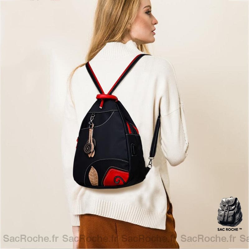 Sac À Dos Noir Et Rouge Rétro Nylon Femme