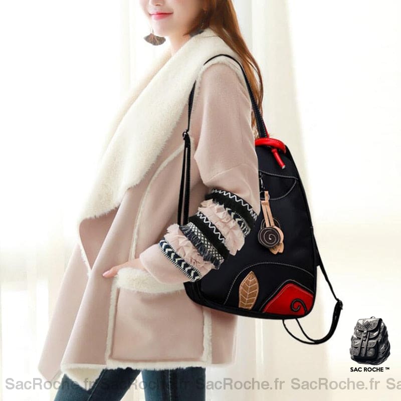 Sac À Dos Noir Et Rouge Rétro Nylon Femme