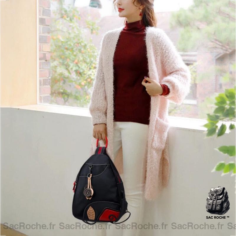 Sac À Dos Noir Et Rouge Rétro Nylon Femme