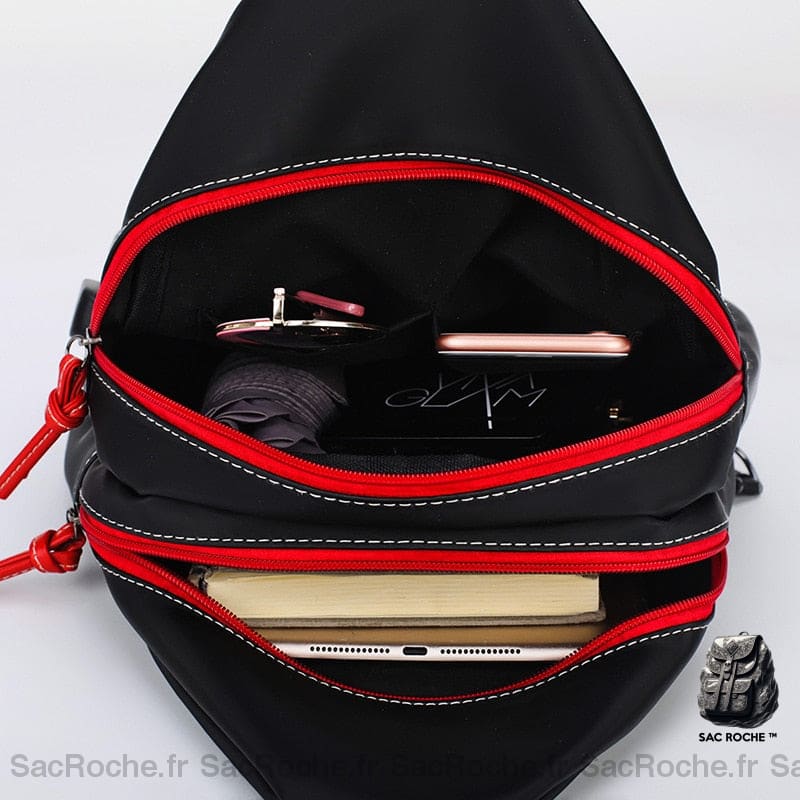 Sac À Dos Noir Et Rouge Rétro Nylon Femme