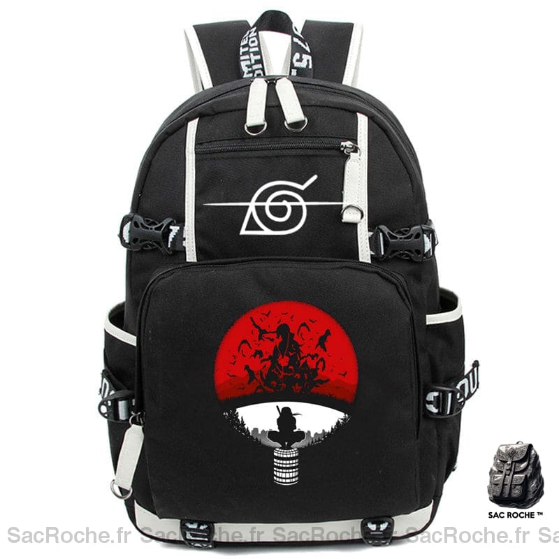 Sac à dos noir avec un logo de clan Uchiwa et poches laterales