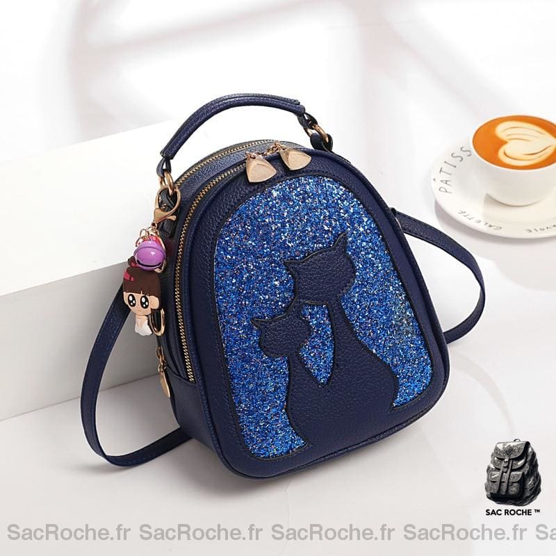 Sac à dos à paillettes en cuir motif chat - Bleu - Sac à main Sac à dos