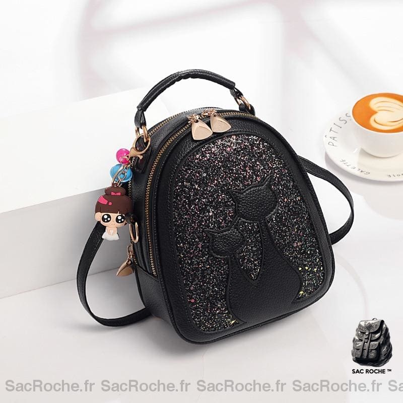 Sac à dos à paillettes en cuir motif chat - Noir - Sac à main Sac