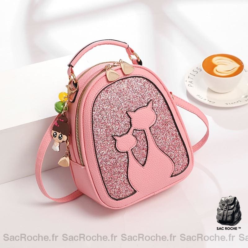 Sac à dos à paillettes en cuir motif chat - Rose - Sac à main Sac à dos