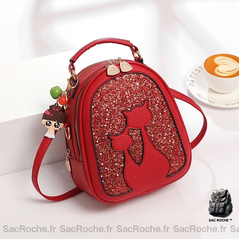 Sac à dos à paillettes en cuir motif chat - Rouge - Sac à main Sac