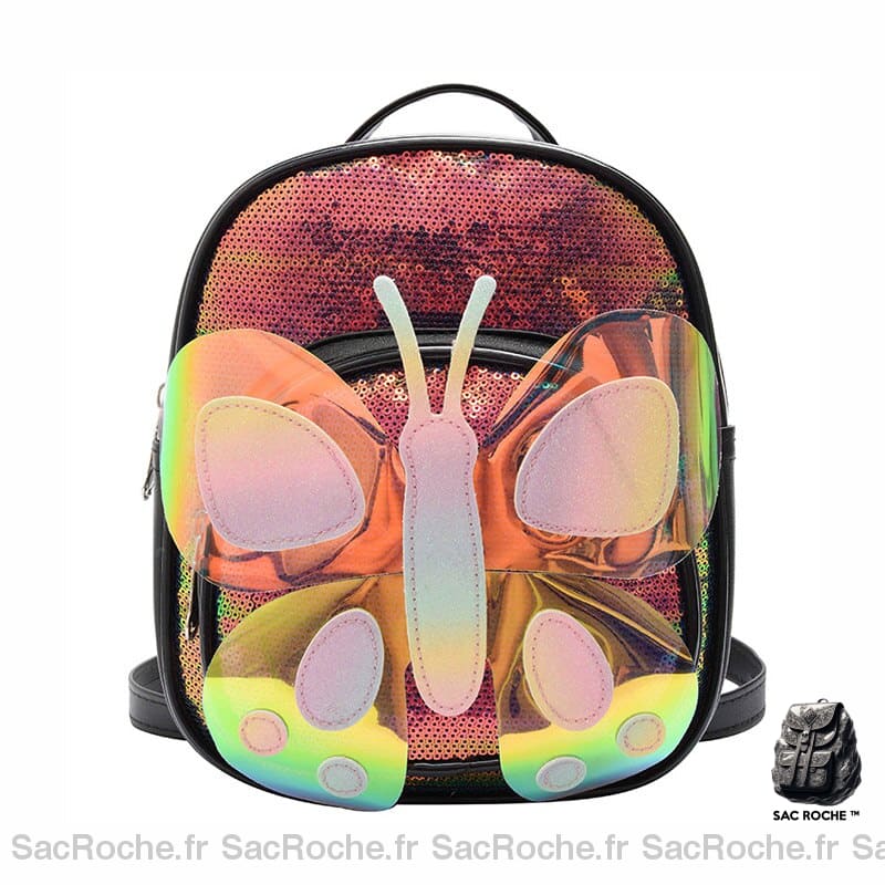 Sac à dos papillon à paillettes multicolore avec un fond blanc