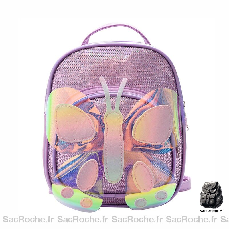 Sac à dos papillon à paillettes violet avec un fond blanc