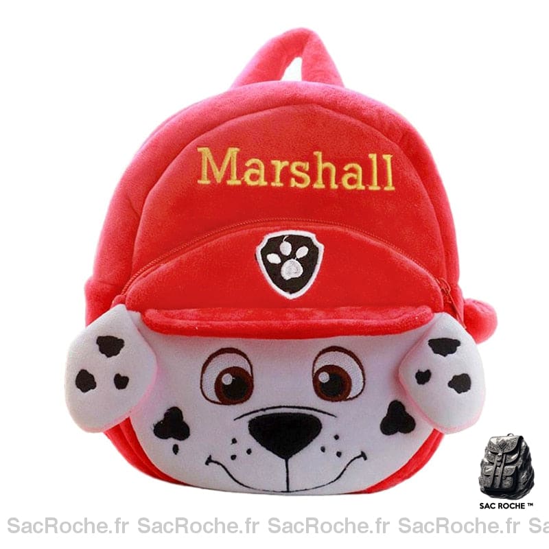 Sac à dos enfant tout doux Patpatrouille rouge avec l'image de Marshall et un fond blanc