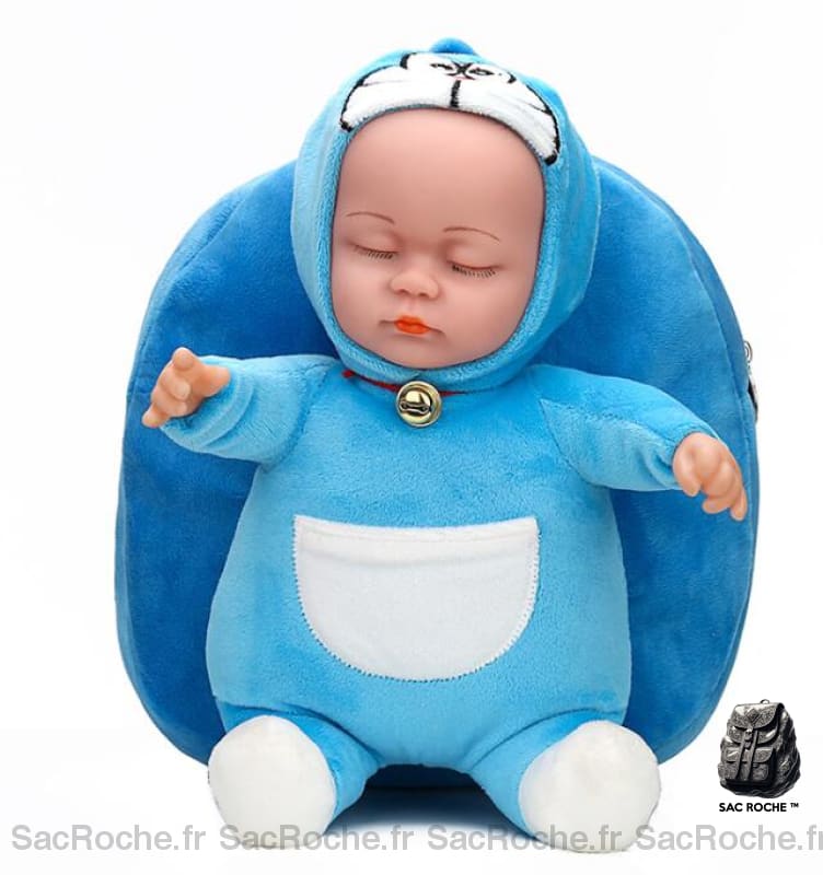 Sac à dos peluche bébé 3D bleu avec un fond blanc