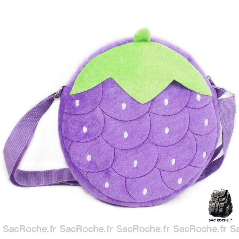 Sac à dos en peluche de fraise pour enfants violet avec un fond blanc