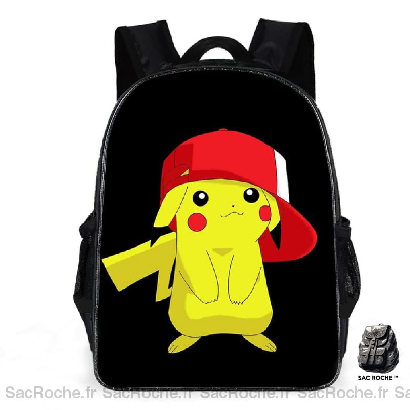 Sac à dos Pikachu noir avec l'image de Pikachu et un fond blanc