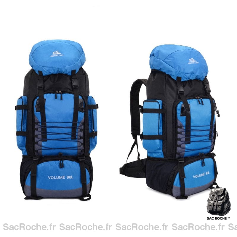 Très grand sac à dos de randonnée bleu et noir avec un fond blanc