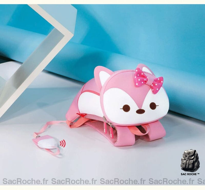 Sac à dos renard 3D rose avec un fond bleu