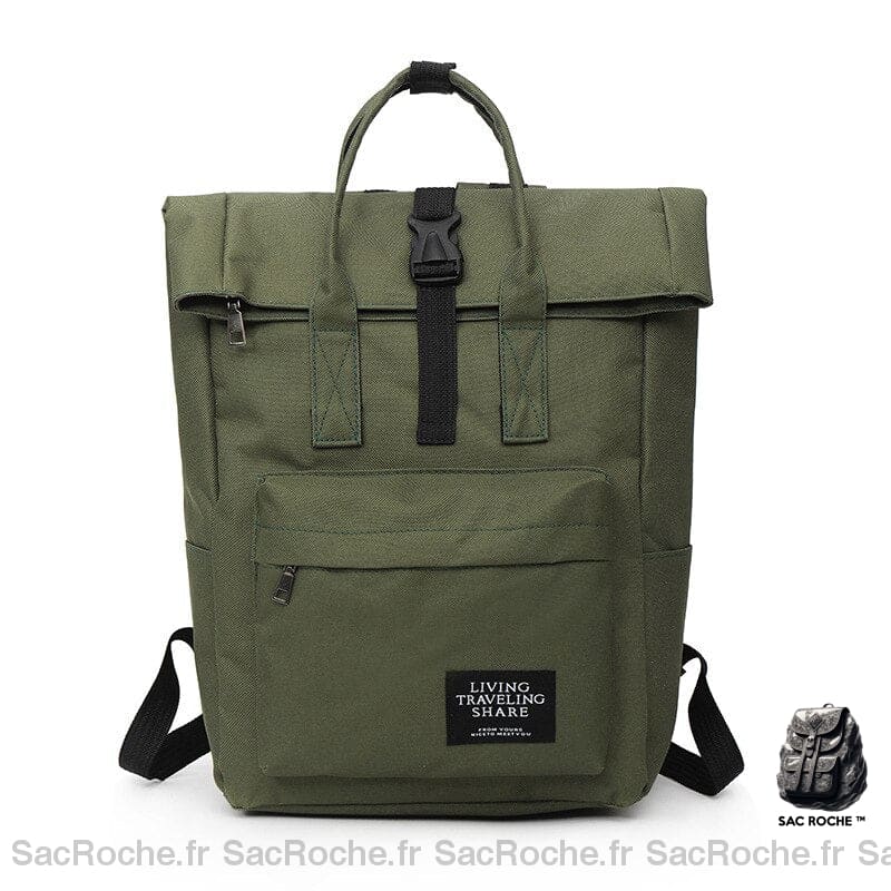 Sac à dos d'ordinateur Rolltop pour femme vert avec un fond blanc