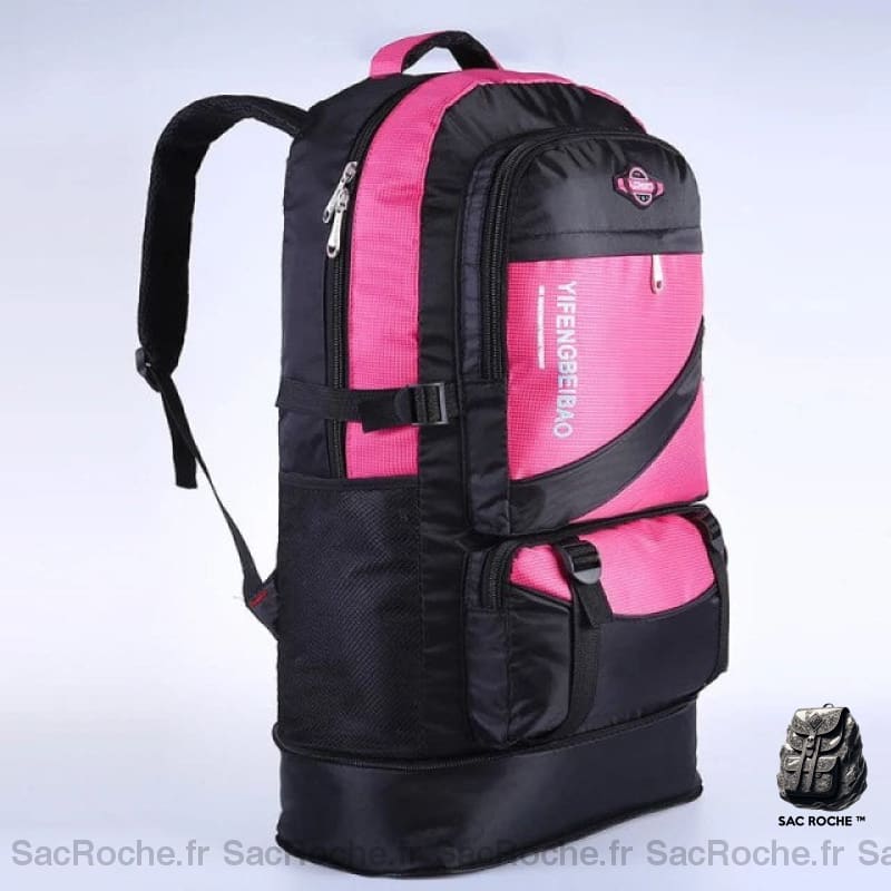 Sac à dos de ski 60L en nylon rose et noir avec un fond bleu