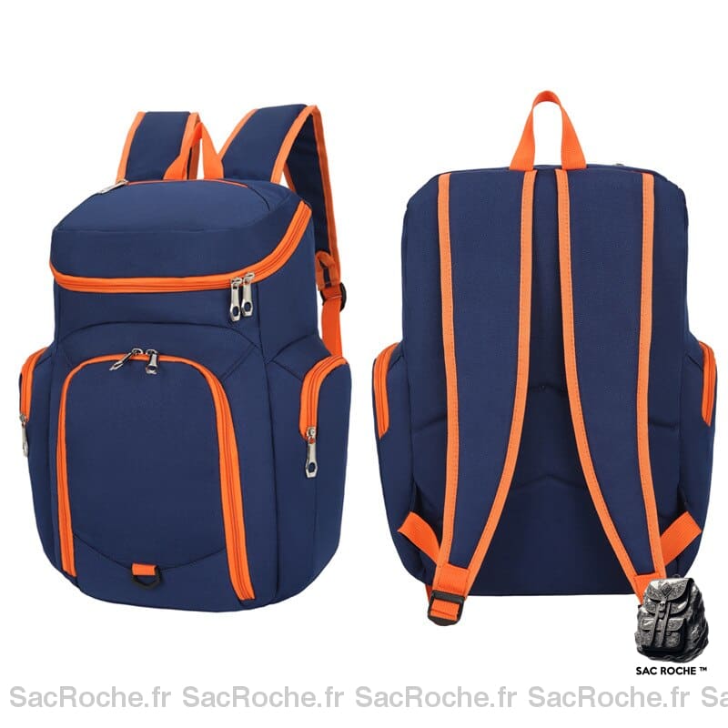 Sac à dos sport multi-poche pour ballon bleu et orange avec un fond blanc