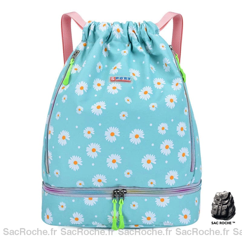 Sac à dos étanche de sport pour femmes bleu avec des fleures blanches et un fond blanc