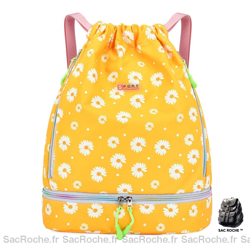 Sac à dos étanche de sport pour femmes jaune à motif fleur blanc