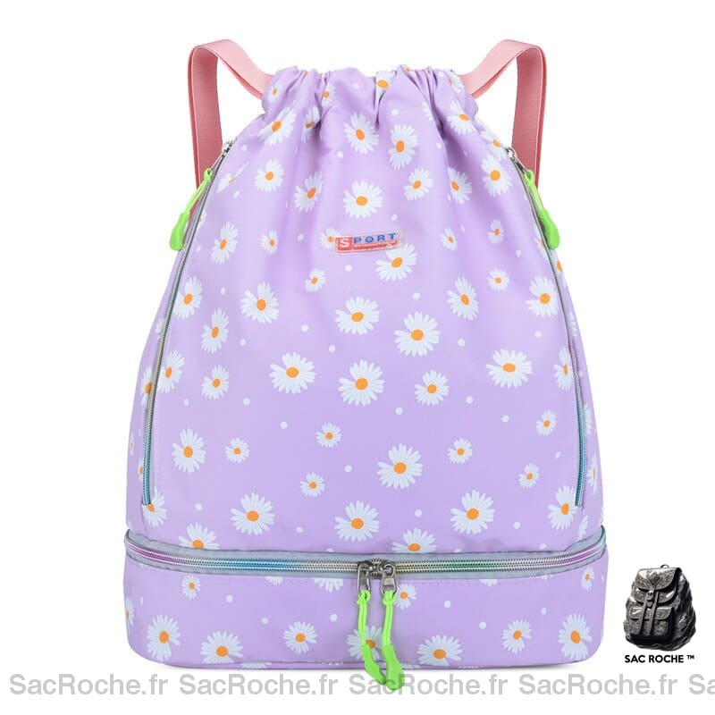 Sac à dos étanche de sport pour femmes violet avec motif fleur blanche